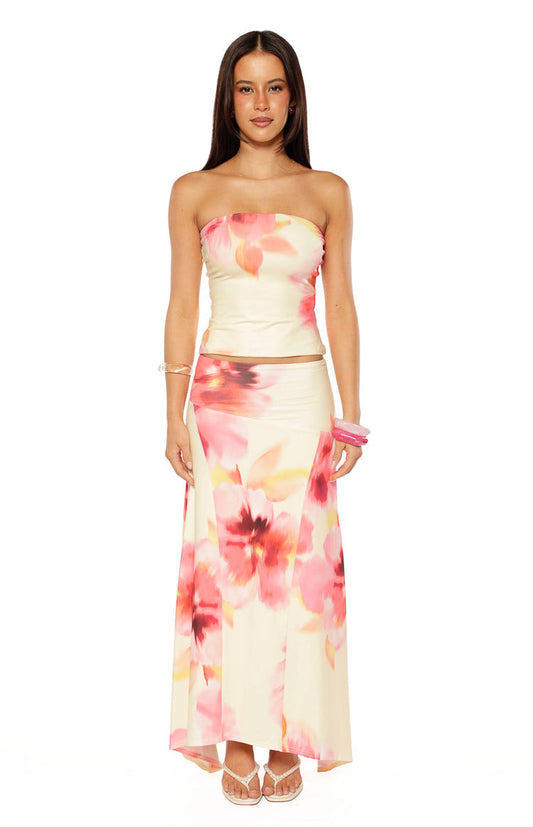 Alora Yellow and Pink Floral Print Hanky Hem Maxi Skirt