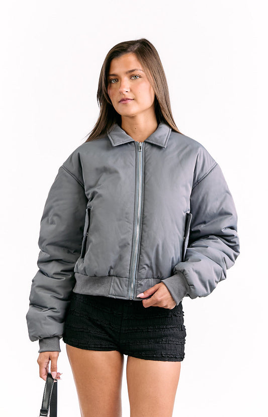Benson Grey Puff Bomber Jacket