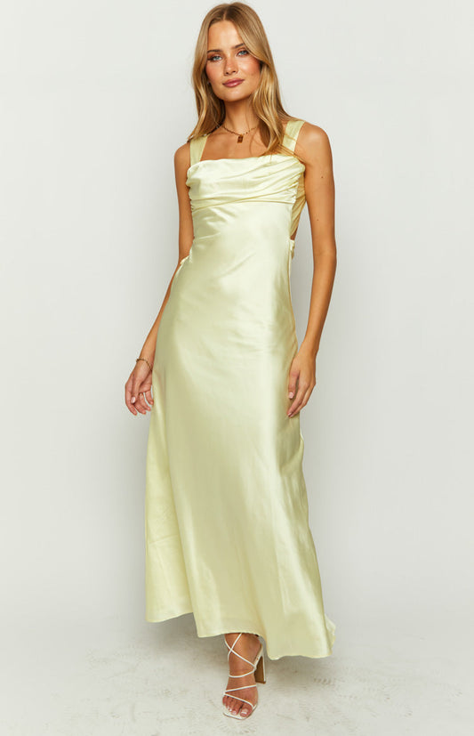 Laria Yellow Satin Formal Maxi Dress