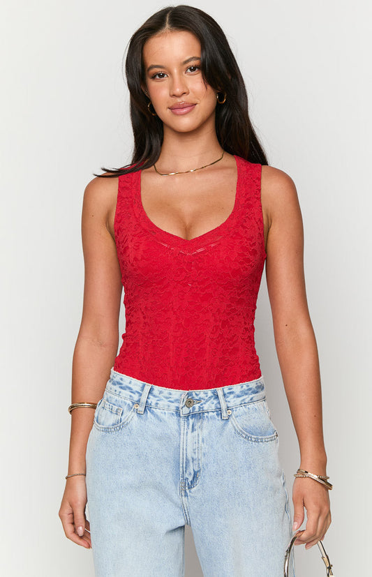 Miami Red Lace V-Neck Bodysuit