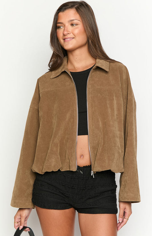River Brown Suedette Bubble Hem Bomber Jacket - PRE ORDER