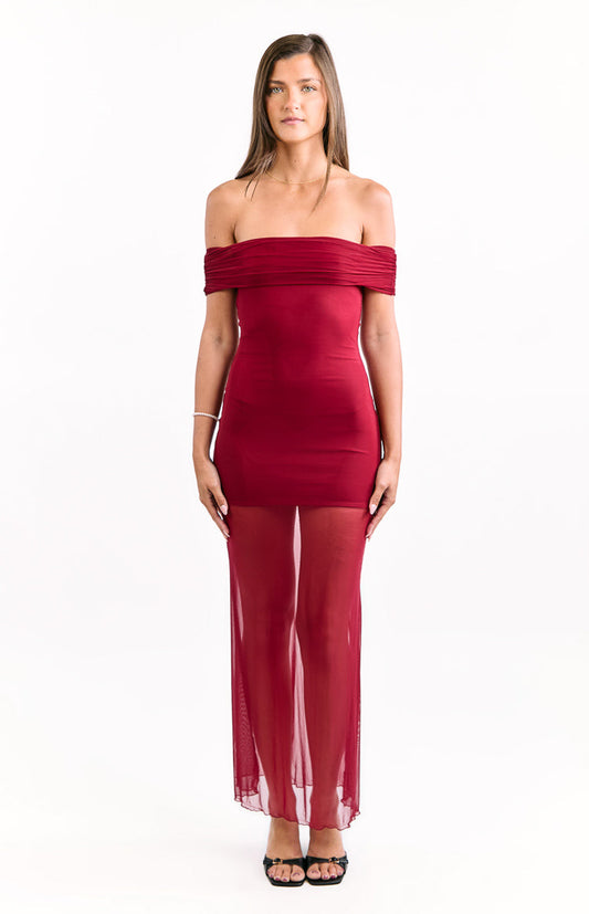 Tabitha Wine Off Shoulder Mesh Maxi Dress
