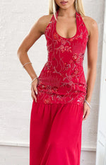 Aella Red Beaded Halter Maxi Dress Image