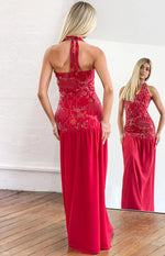 Aella Red Beaded Halter Maxi Dress Image