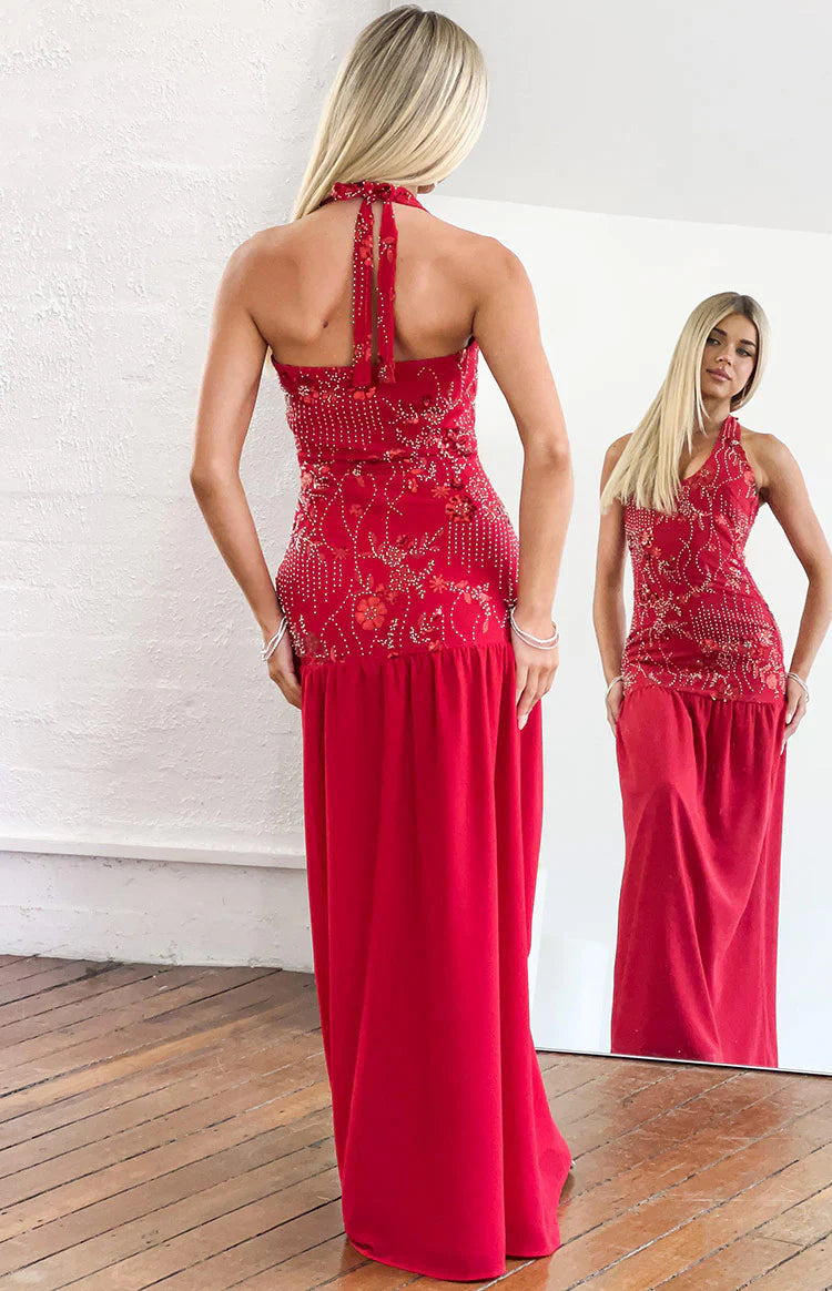 Aella Red Beaded Halter Maxi Dress Image