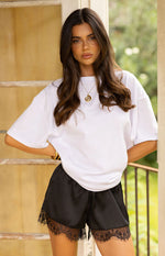 Agnes Black Lace Trim Satin Shorts Image