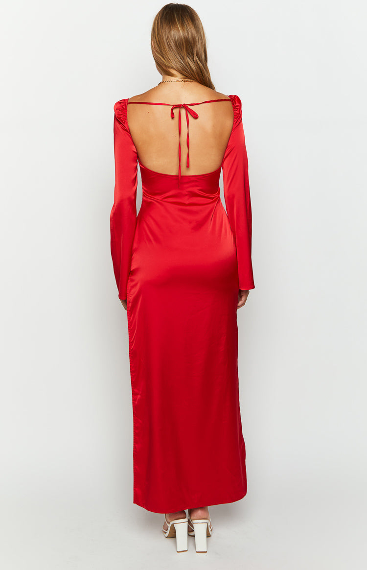 Airlea Red Satin Asymmetric Maxi Dress Image