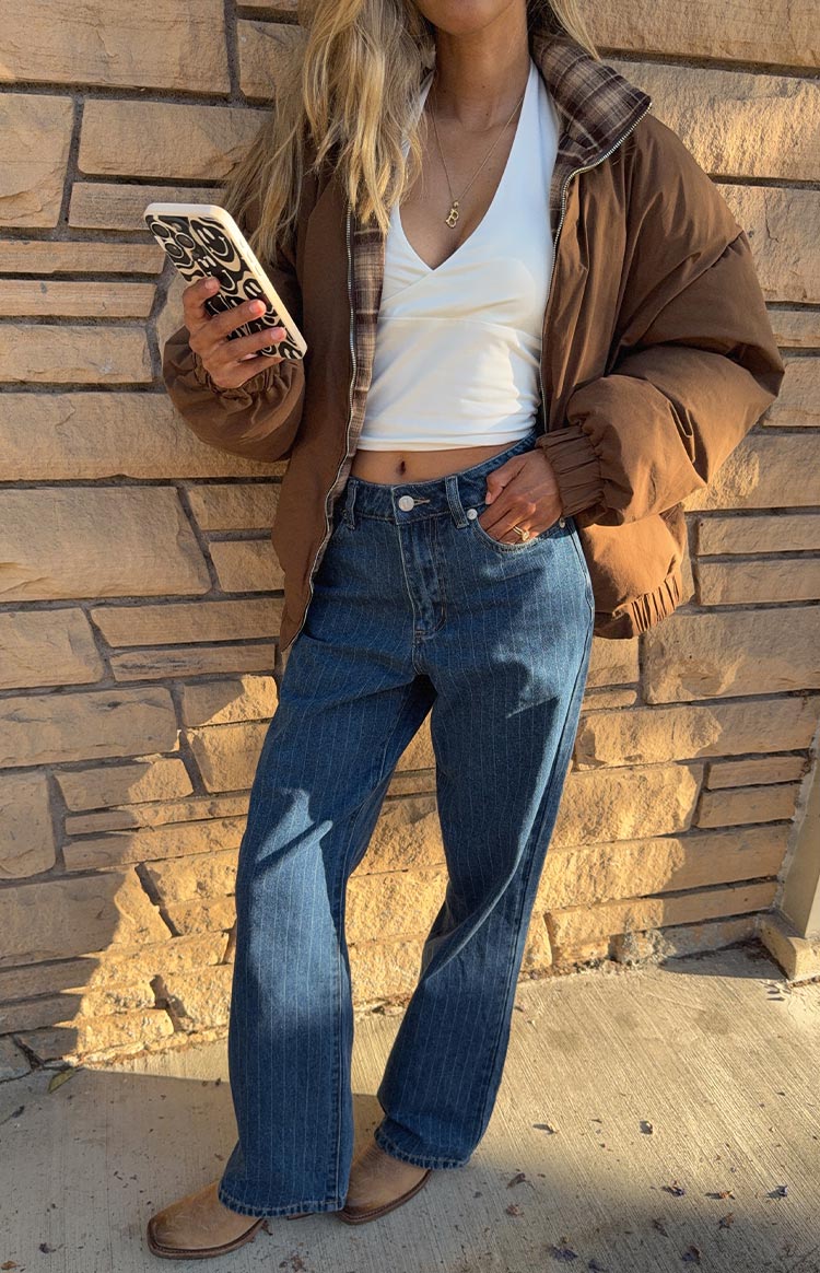 All I Wanted Brown Plaid Puffer Jacket Image