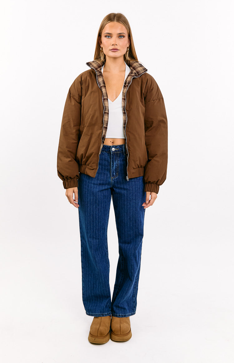 All I Wanted Brown Plaid Puffer Jacket Image