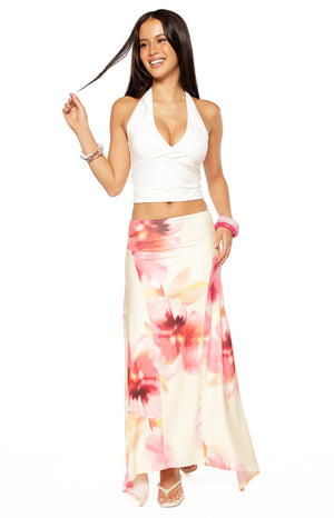 Alora Yellow and Pink Floral Print Hanky Hem Maxi Skirt