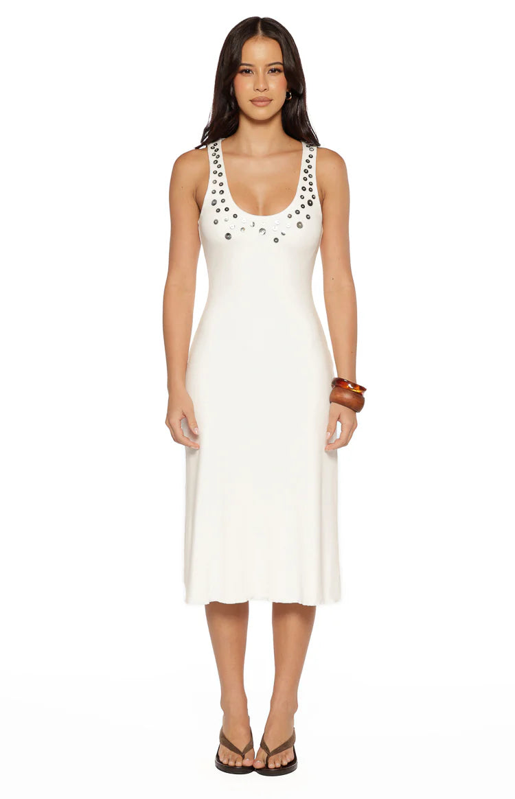 Amba White Button Detail Midi Dress Image