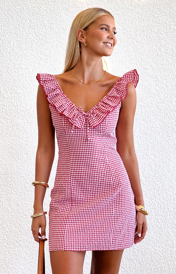 Ariette Red Gingham Frill Mini Dress Image