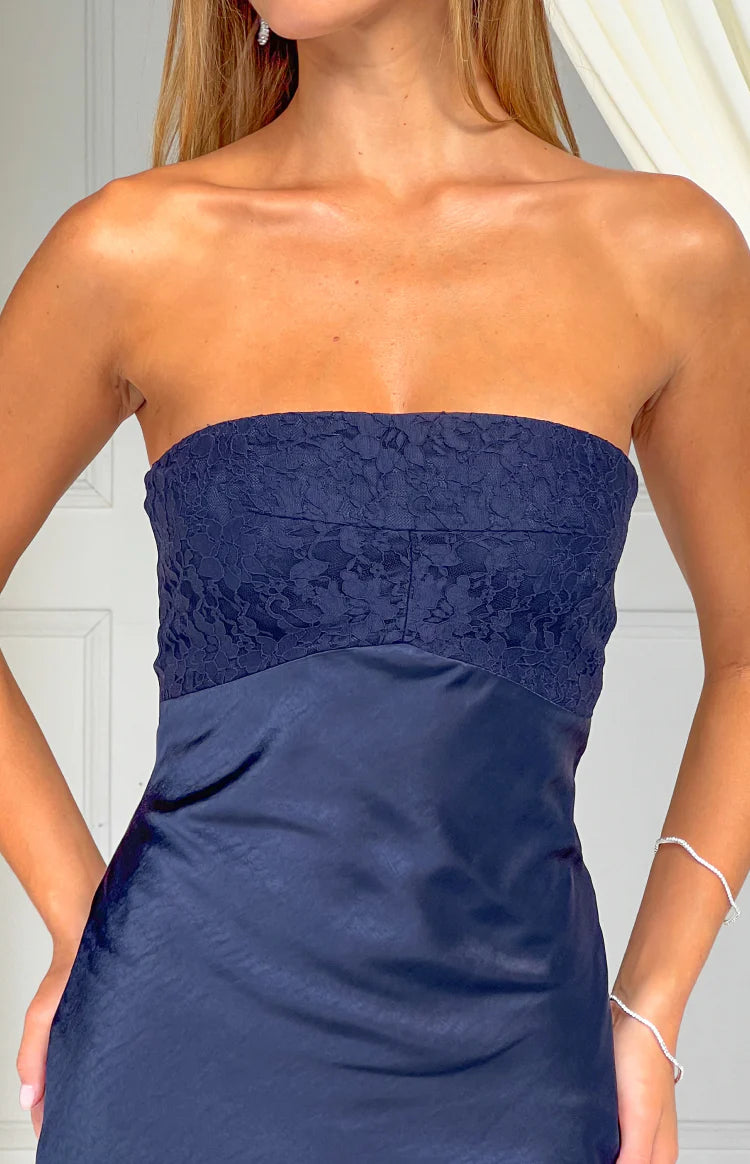 Audrey Navy Lace Strapless Midi Dress Image