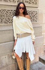 Bambi Cream Asymmetric Neckline Eyelet Sweater Image