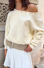 Bambi Cream Asymmetric Neckline Eyelet Sweater Image