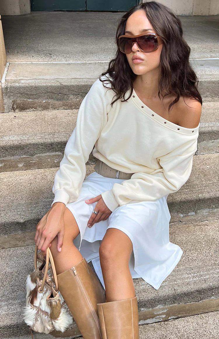 Bambi Cream Asymmetric Neckline Eyelet Sweater Image