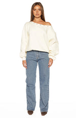 Bambi Cream Asymmetric Neckline Eyelet Sweater Image