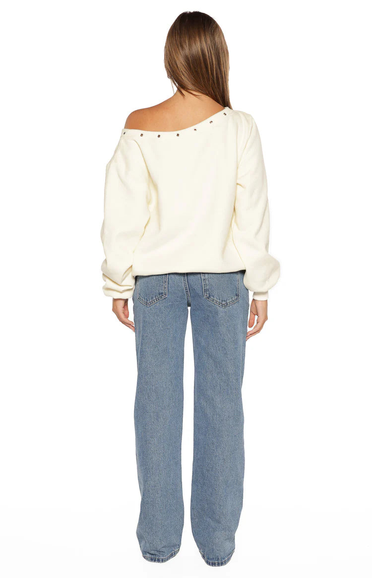 Bambi Cream Asymmetric Neckline Eyelet Sweater Image