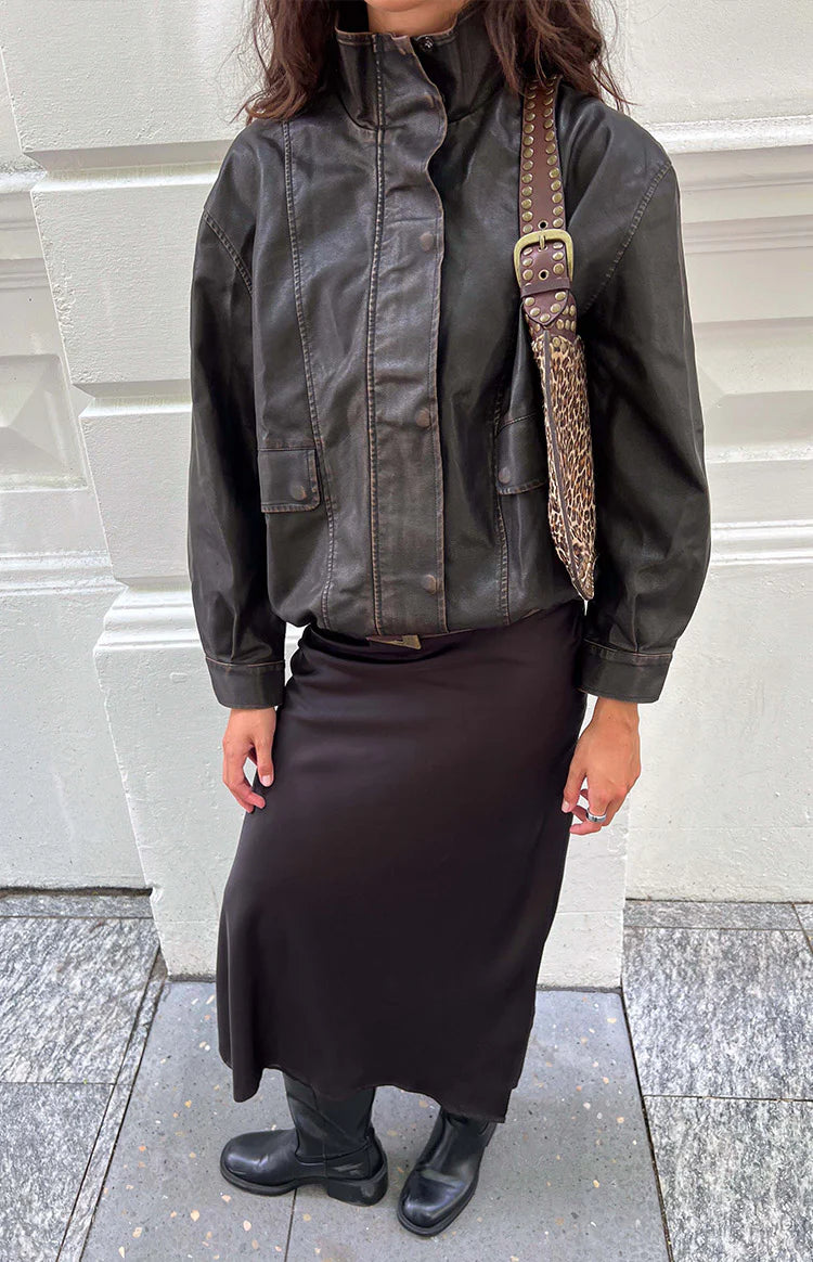 Blakely Brown Funnel Neck PU Jacket Image
