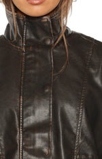 Blakely Brown Funnel Neck PU Jacket Image