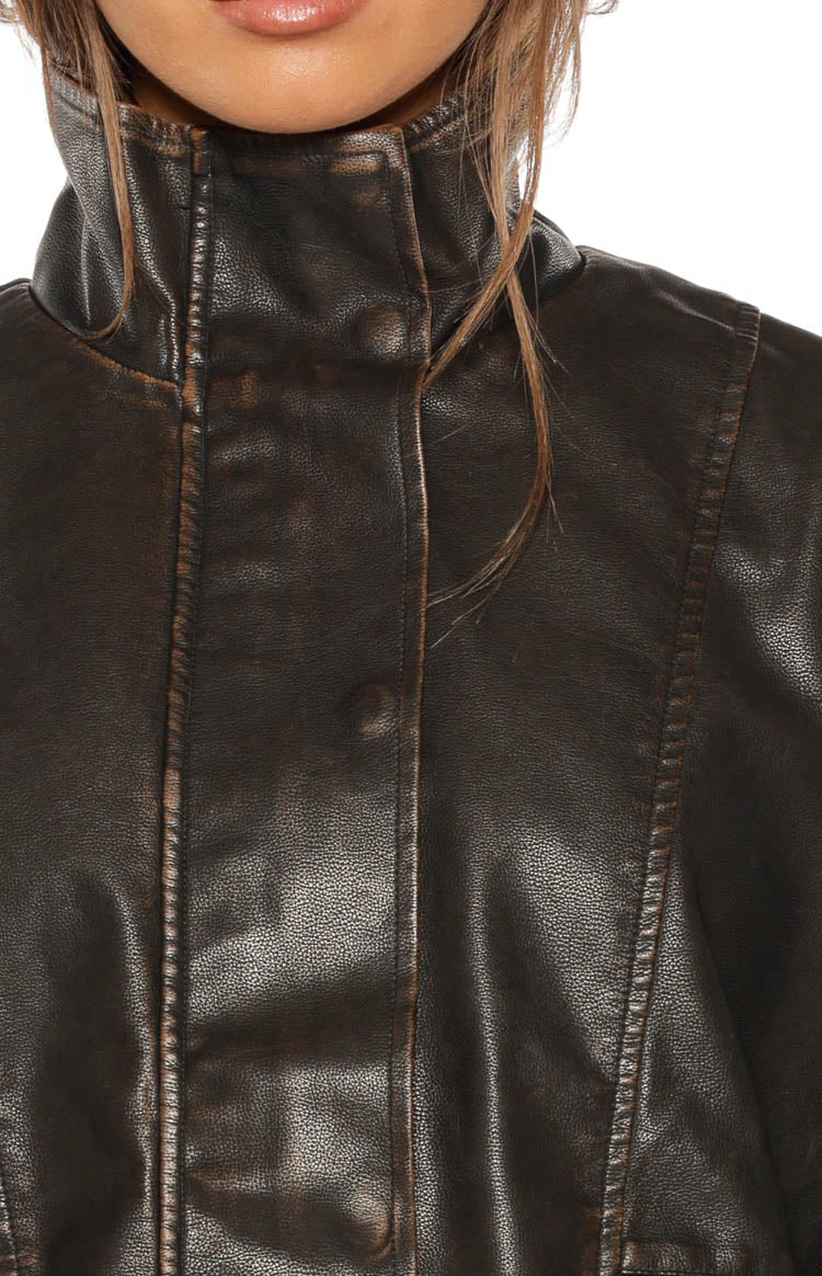 Blakely Brown Funnel Neck PU Jacket Image