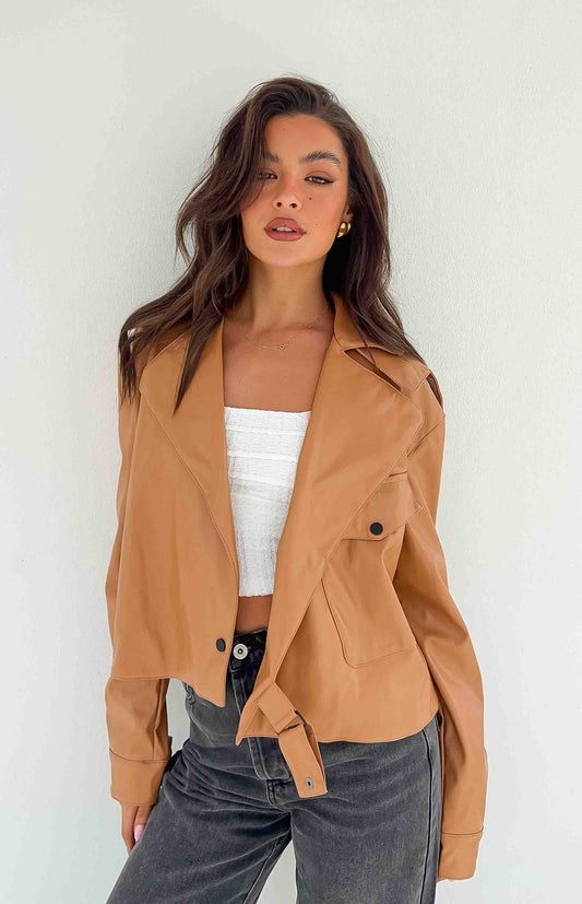 light brown v neckline leather jacket
