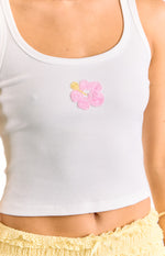 Carlie White Beaded Hibiscus Ribbed Tank Top Image
