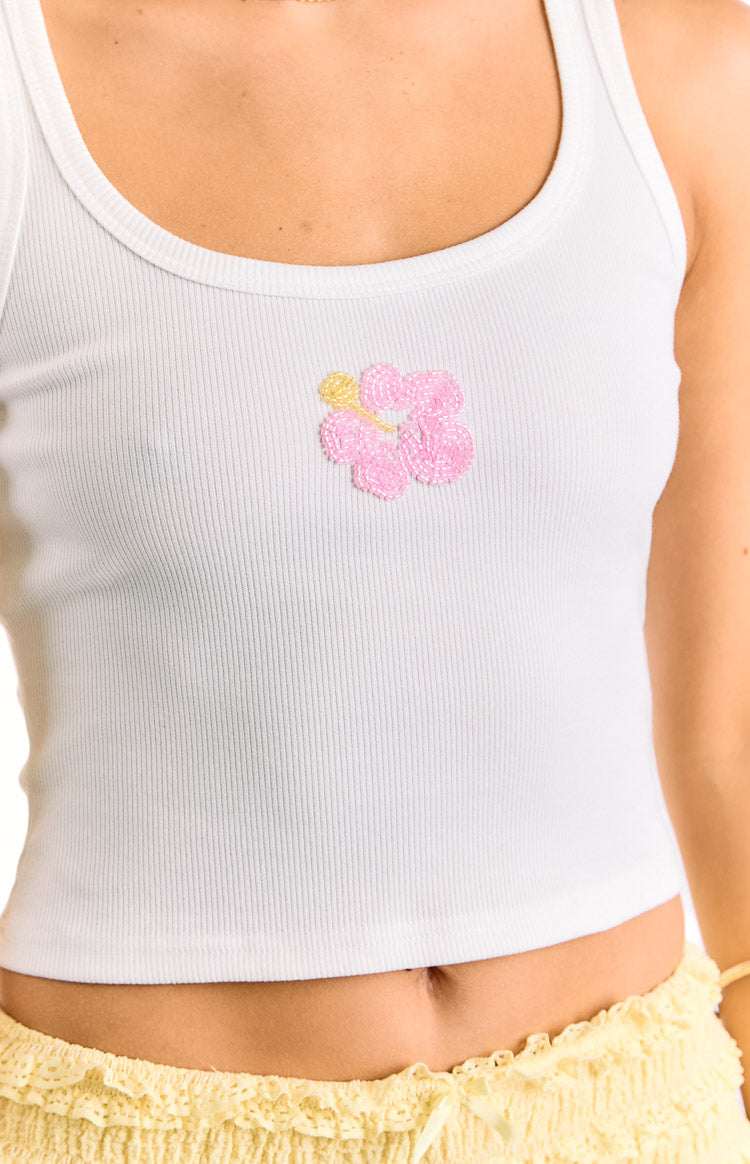 Carlie White Beaded Hibiscus Ribbed Tank Top Image