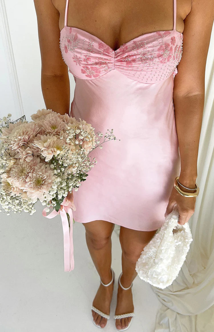 Chilli Pink Beaded Bust Satin Mini Dress Image