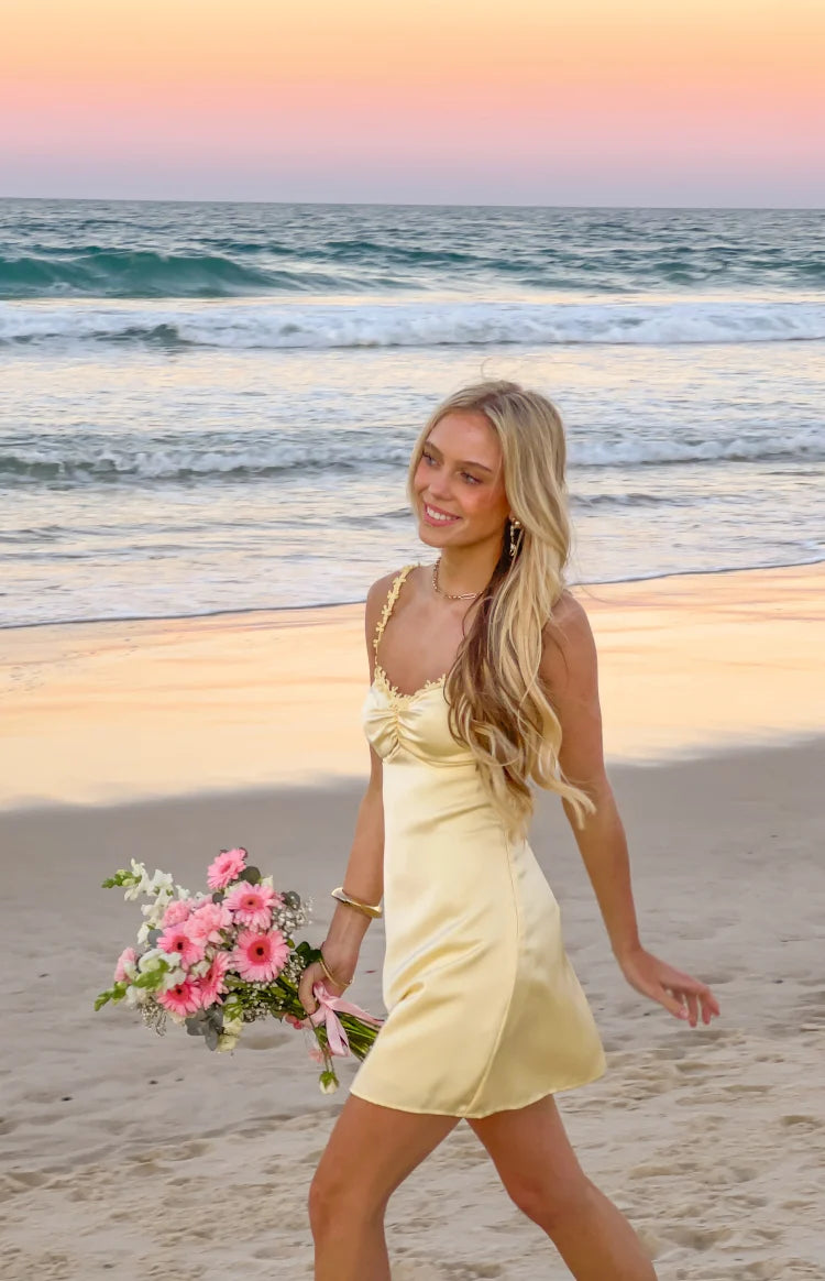 Connie Yellow Flower Detail Satin Party Mini Dress Image