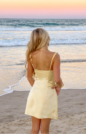 Connie Yellow Flower Detail Satin Party Mini Dress