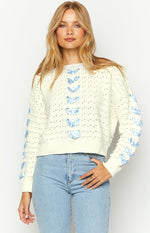 Darling White Knit Blue Ribbon Sweater Image