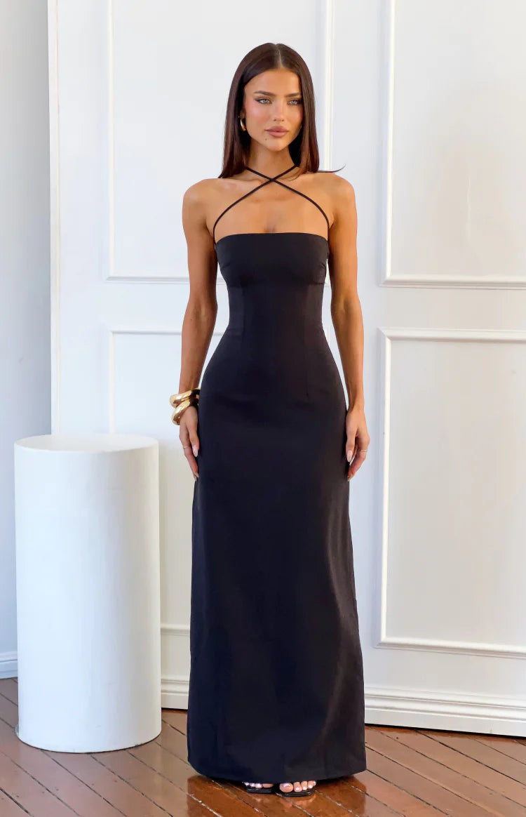 Del Mar Black Crepe Formal Maxi Dress Image