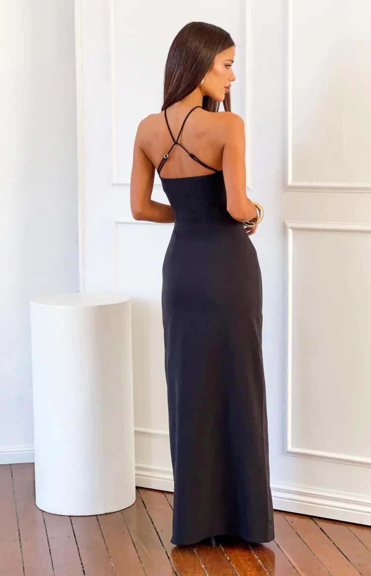 Del Mar Black Crepe Formal Maxi Dress Image