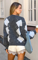 Delylah Grey Argyle Print Oversized Cardigan Image