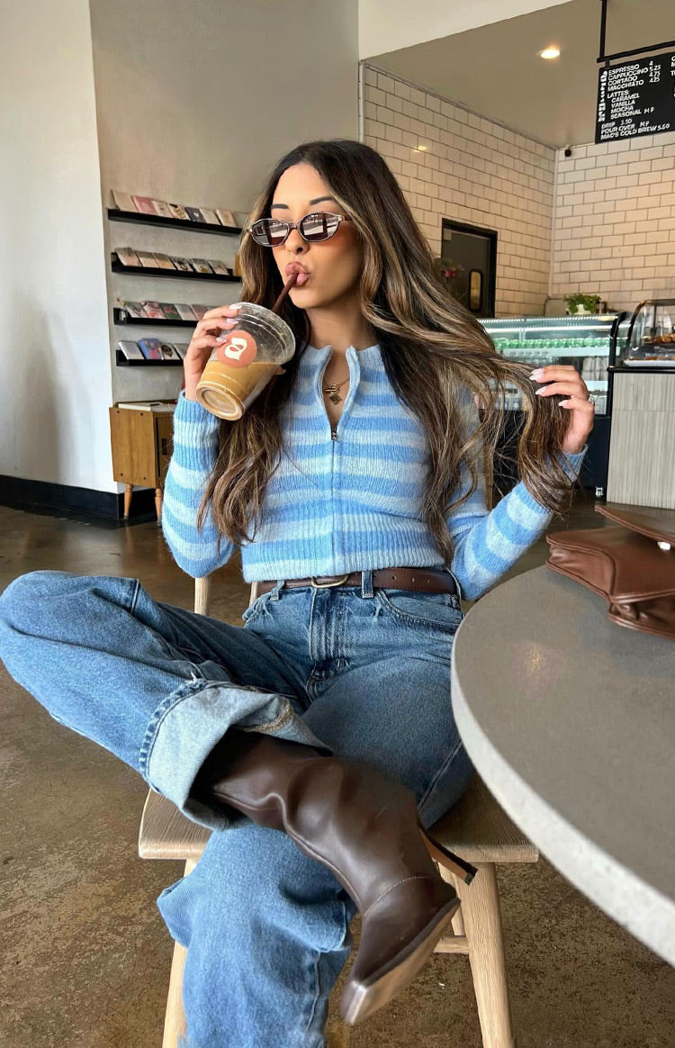 Dori Blue Zip Stripe Knit Sweater Image