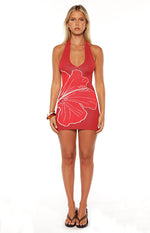Elissa Red Knit Hibiscus Print Halter Mini Dress Image