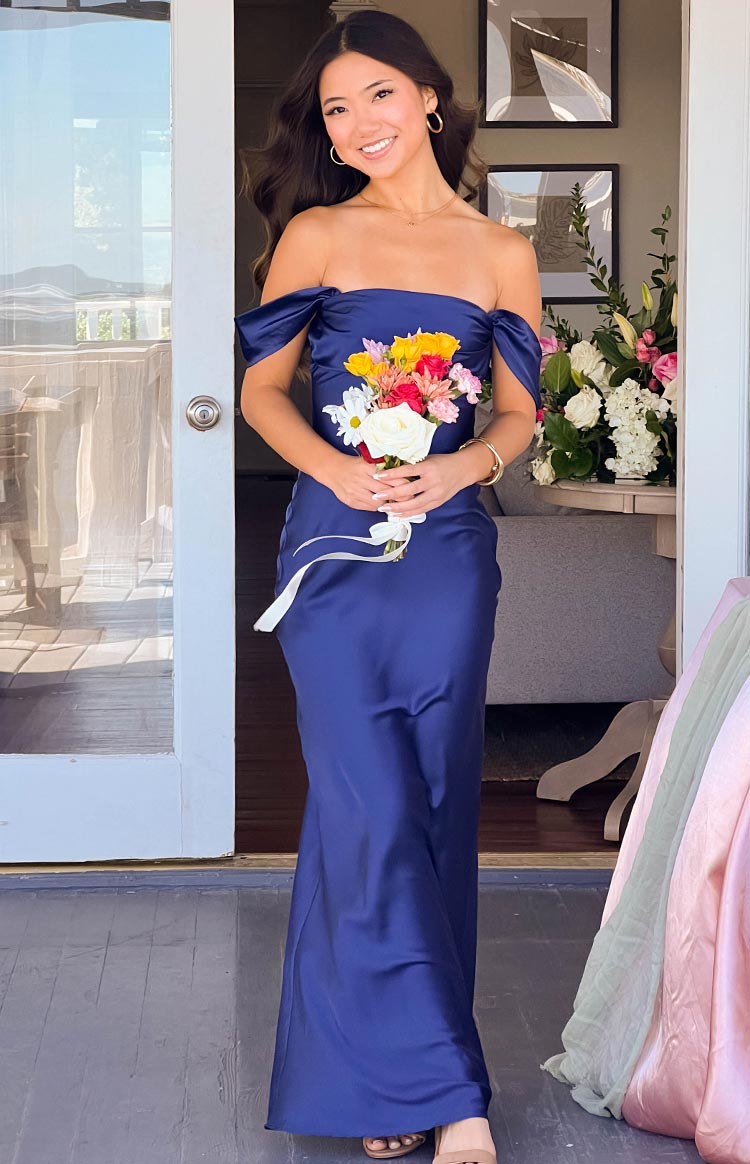 Ella Navy Off Shoulder Formal Maxi Dress Image