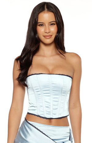 Beginning Boutique Elvi Blue Satin Corset Top light blue satin strapless corset top with black lace trim and boning details