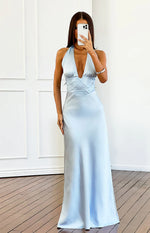 Emerson Blue Sequin Detail Satin Maxi Dress Image