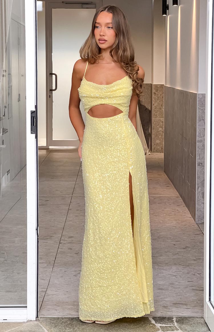 Fallon Yellow Sequin Cut Out Formal Maxi Dress Image