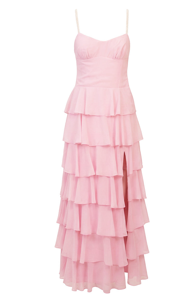 Felicity Pink Pearl Strap Ruffle Maxi Dress Image
