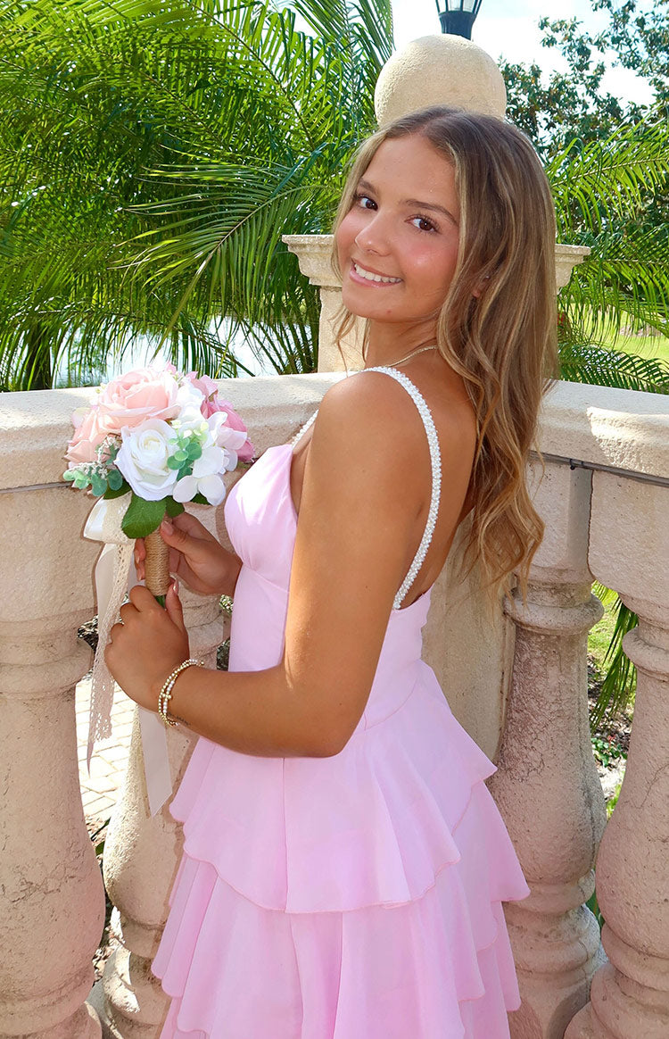 Felicity Pink Pearl Strap Ruffle Maxi Dress Image