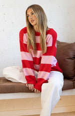 Finley Red and Pink Stripe Off Shoulder Knit Sweater Image