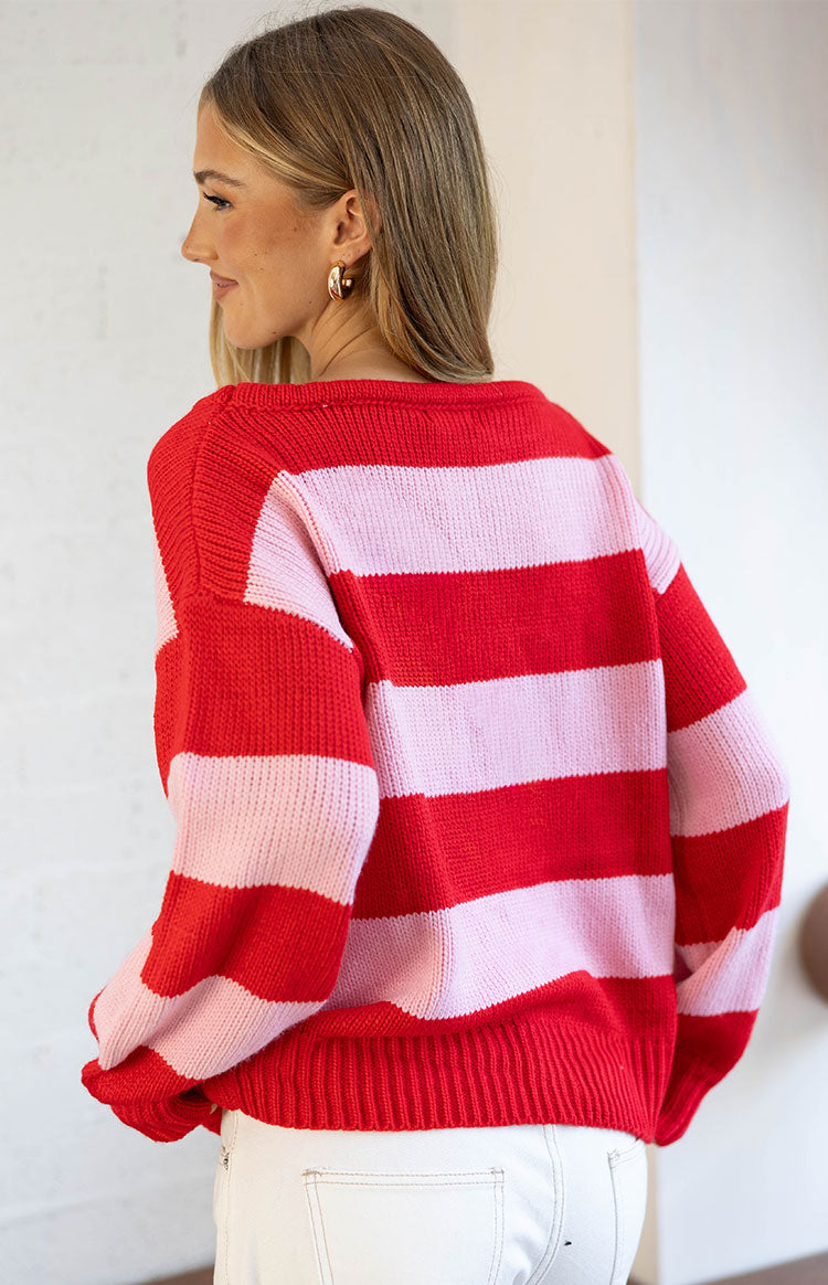 Finley Red and Pink Stripe Off Shoulder Knit Sweater Image