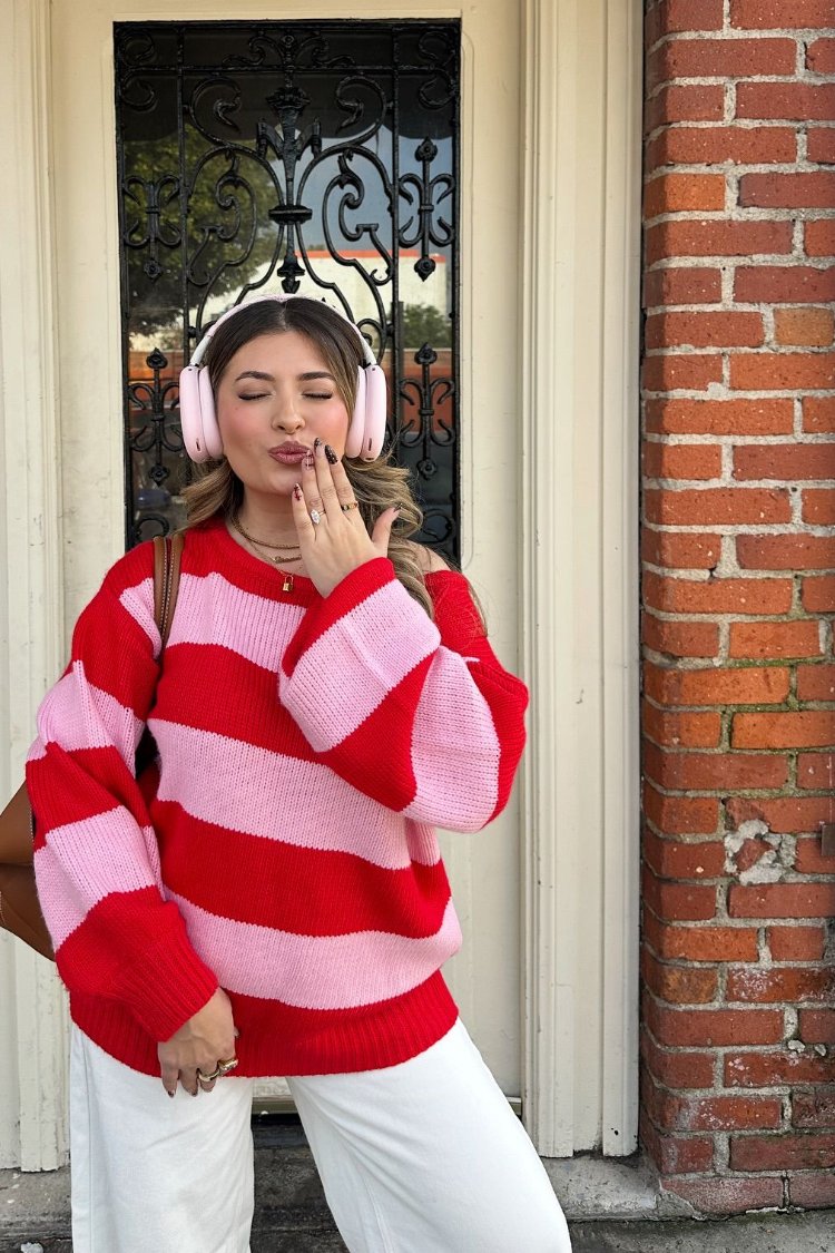 Finley Red and Pink Stripe Off Shoulder Knit Sweater Image