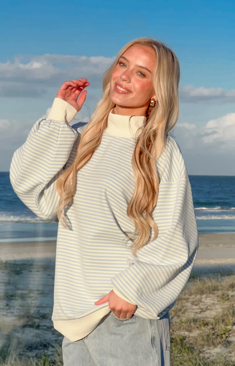 Flossy Mock Neck Blue Stripe Sweater Image