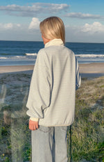 Flossy Mock Neck Blue Stripe Sweater Image