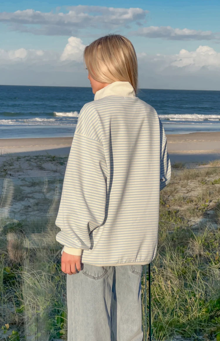 Flossy Mock Neck Blue Stripe Sweater Image