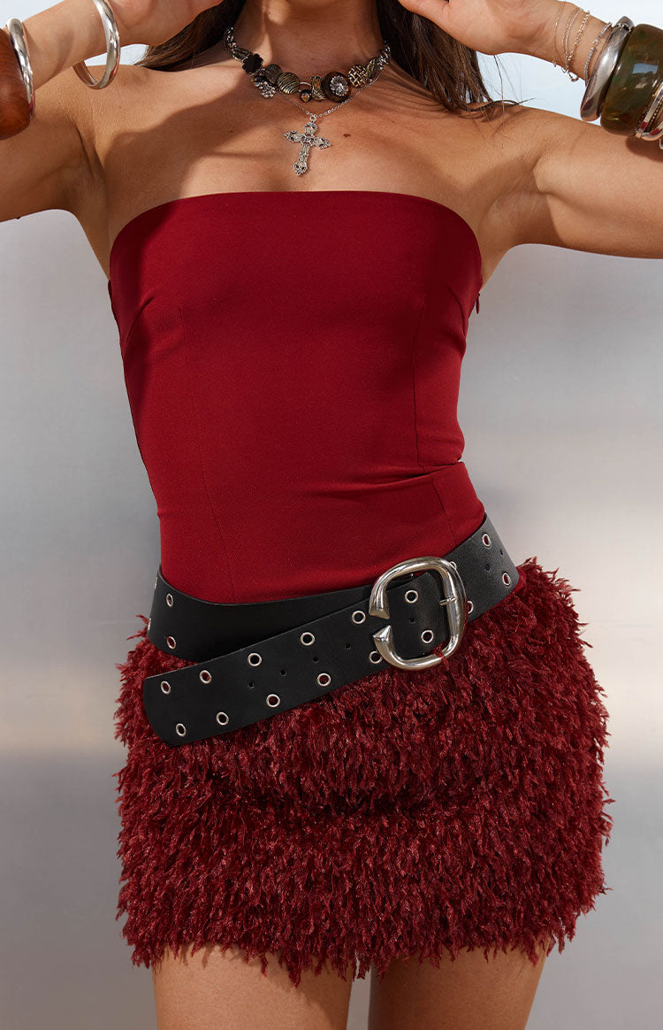 Halo Burgundy Strapless Fur Mini Dress Image